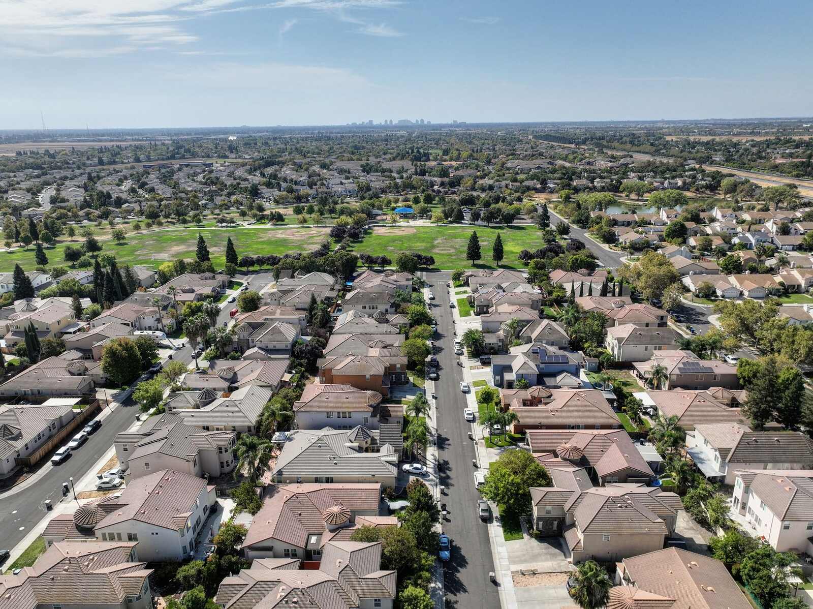 Aerial view of suburban streets of single-family houses with trees between them