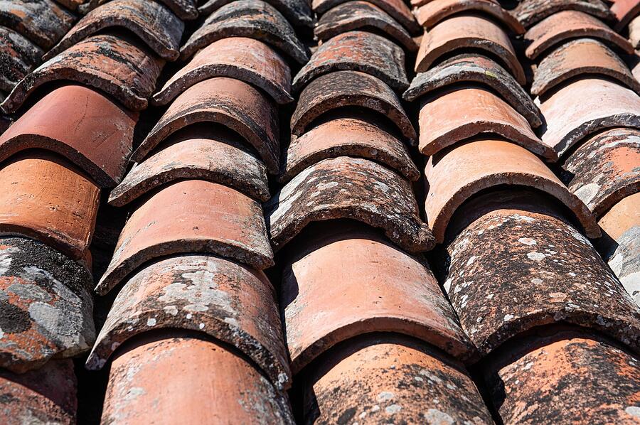 Close view of a clay tile roof edge, the tile course a rat follows to the eave