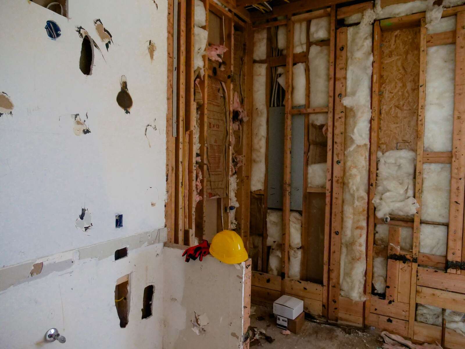 A room with the drywall stripped back to the studs, the cavity a carcass is found in