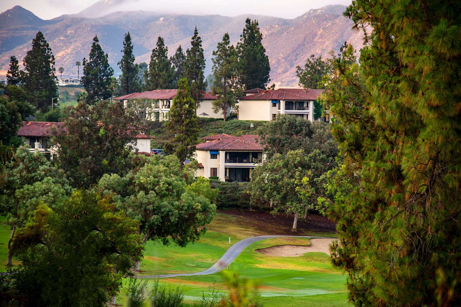 Houses on a wooded hillside below dry mountains, the La Mesa and Mount Helix type of lot