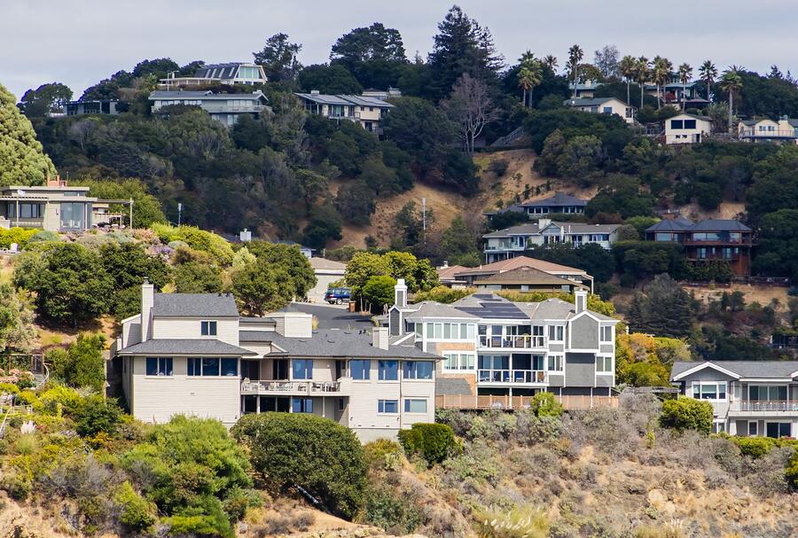 Houses on a steep hillside with palms and dense greenery between them