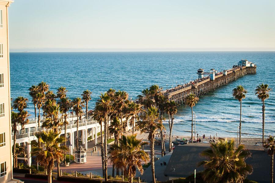 A long wooden pier reaching into the ocean with palms in the foreground